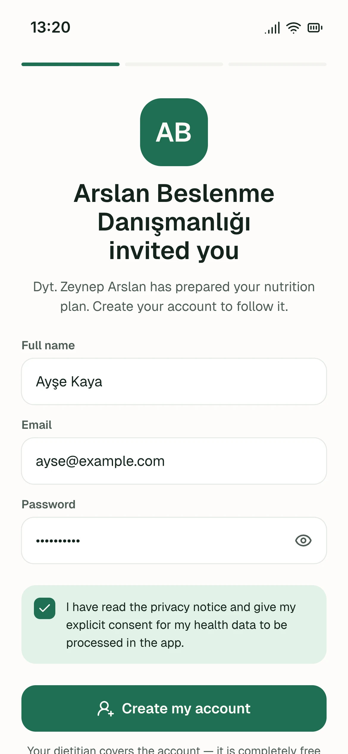 Invite link, booking page and app in your colour — screenshot