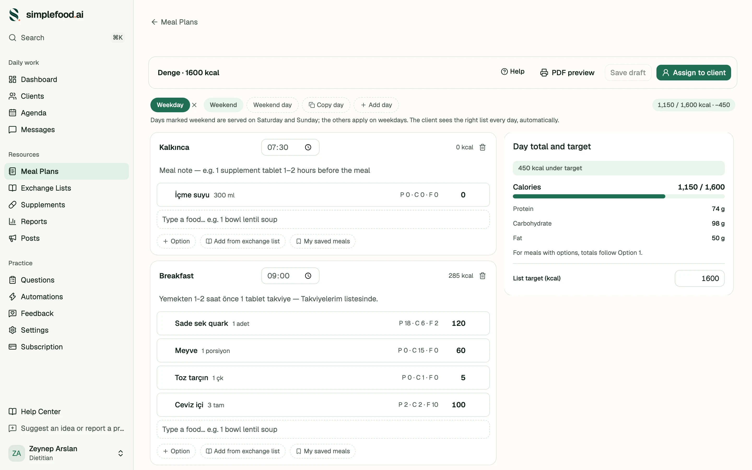 Meals under your names — screenshot
