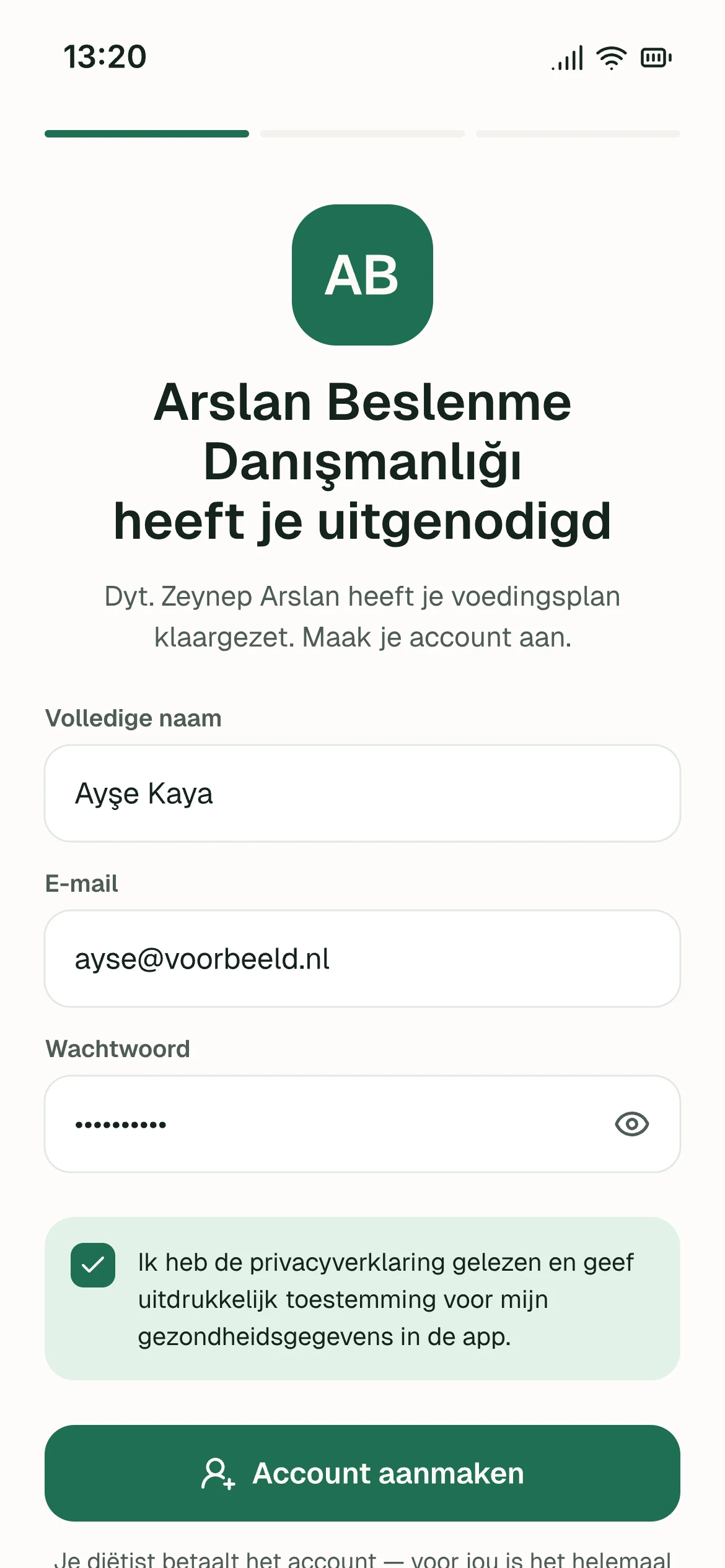 Uitnodigingslink, boekingspagina en app in jouw kleur — schermafbeelding